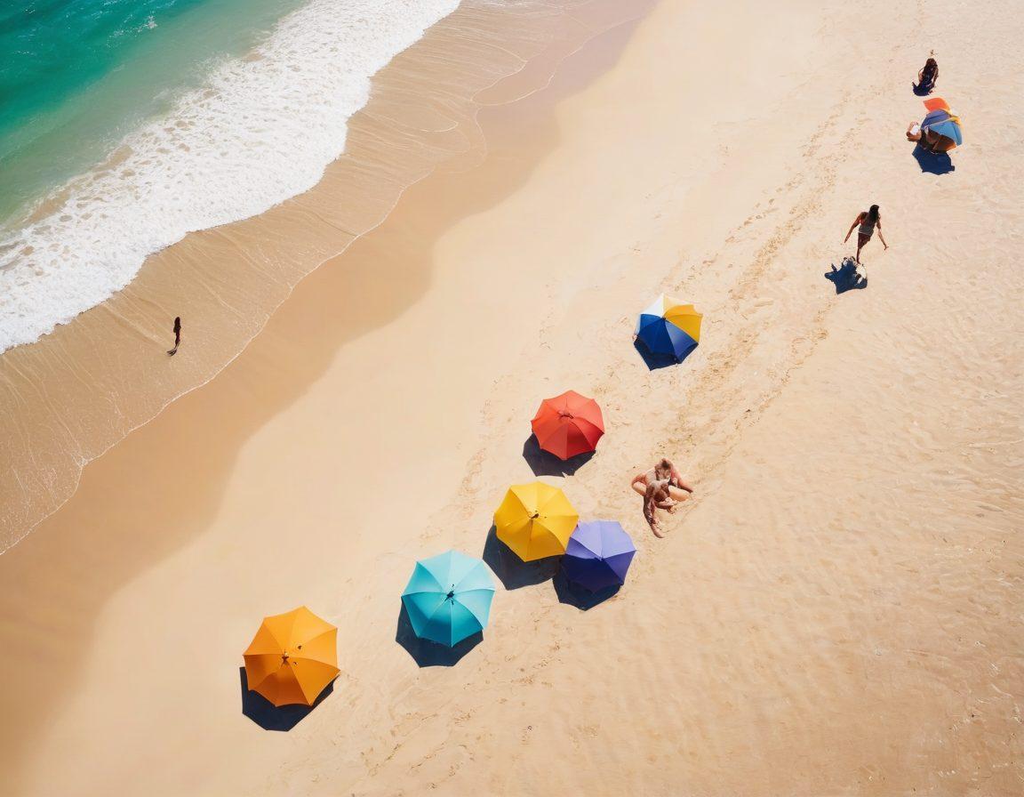 A vibrant scene capturing a sunny Texas beach, featuring a diverse group of stylish individuals wearing trendy swimwear. Bright umbrellas and beach towels dot the sandy shore, while palm trees sway in the background. Crystal-clear waves crash gently, and a playful beach ball rolls across the sand. Sunlight glimmers on the water, creating a cheerful, inviting atmosphere. super-realistic. vibrant colors. 3D.